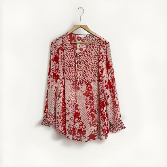 Susan Graver Women’s Size M Sheer Red White Floral Tie Neck Blouse Tunic L/S - Picture 1 of 6